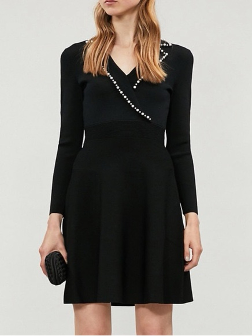 Sandro Paris Pearl Lapel Long Sleeve Fit & Flare Sweater Mini Dress - Black - Picture 4 of 16
